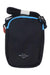 The Sherpani Women's Rogue Mini Crossbody Bag is a small black bag made from recycled polyester, featuring light blue trim, a zippered top, and an adjustable shoulder strap.