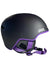 The POC Sports Obex Pure Helmet, shown from the side in matte black with purple trim and chin straps, features ventilation openings and the POC logo—blending safety and style for snowsports enthusiasts.