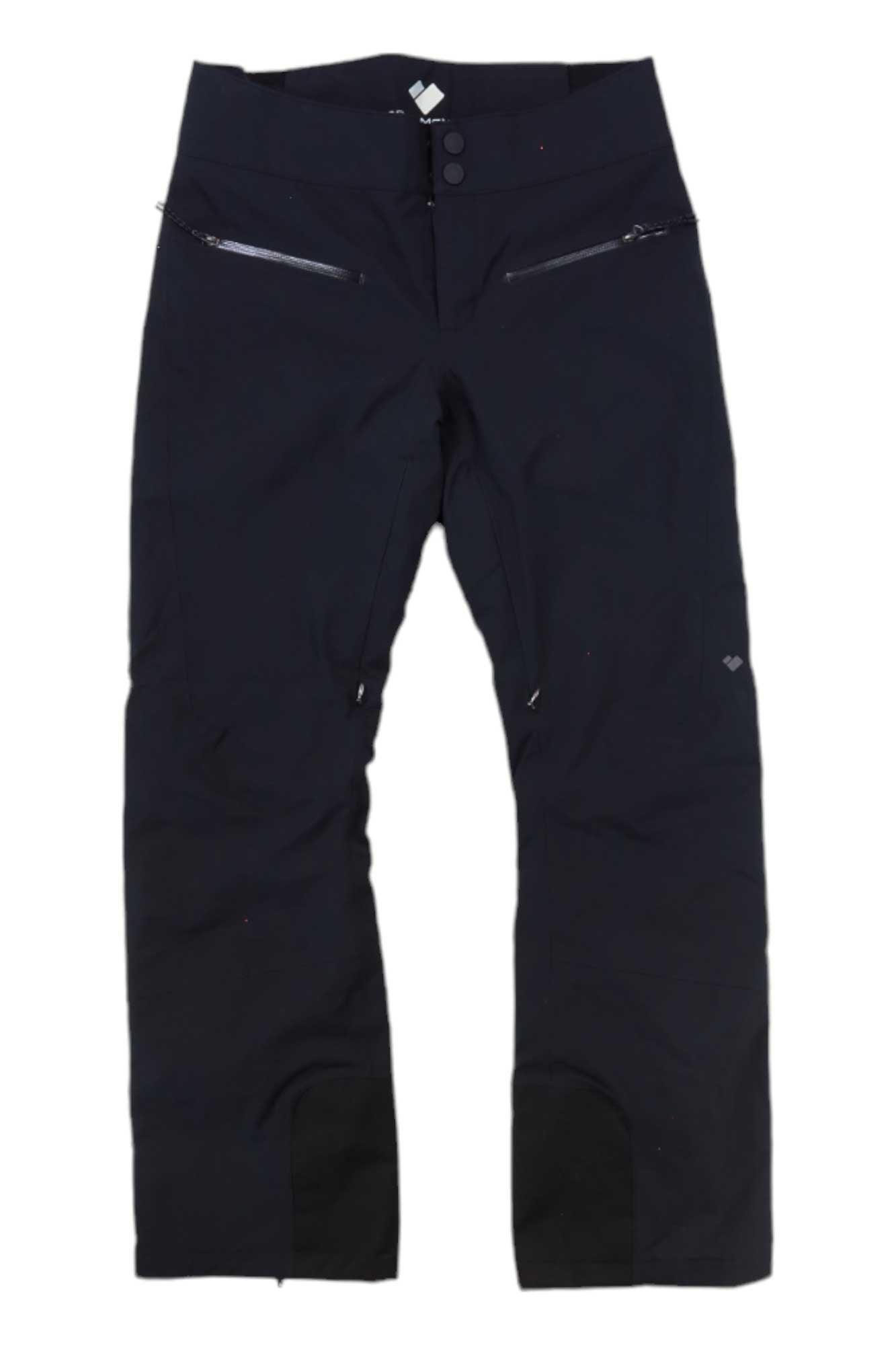 The Obermeyer Womens Bliss Pant in black features two front zippered pockets and reinforced cuffs, shown laid flat on a white background.