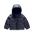 The North Face Infant Moondoggy 2.0 Down Jacket is a dark gray, hooded, waterproof puffer for kids with a front zipper, sherpa fleece lining, and long sleeves, displayed on a white background.