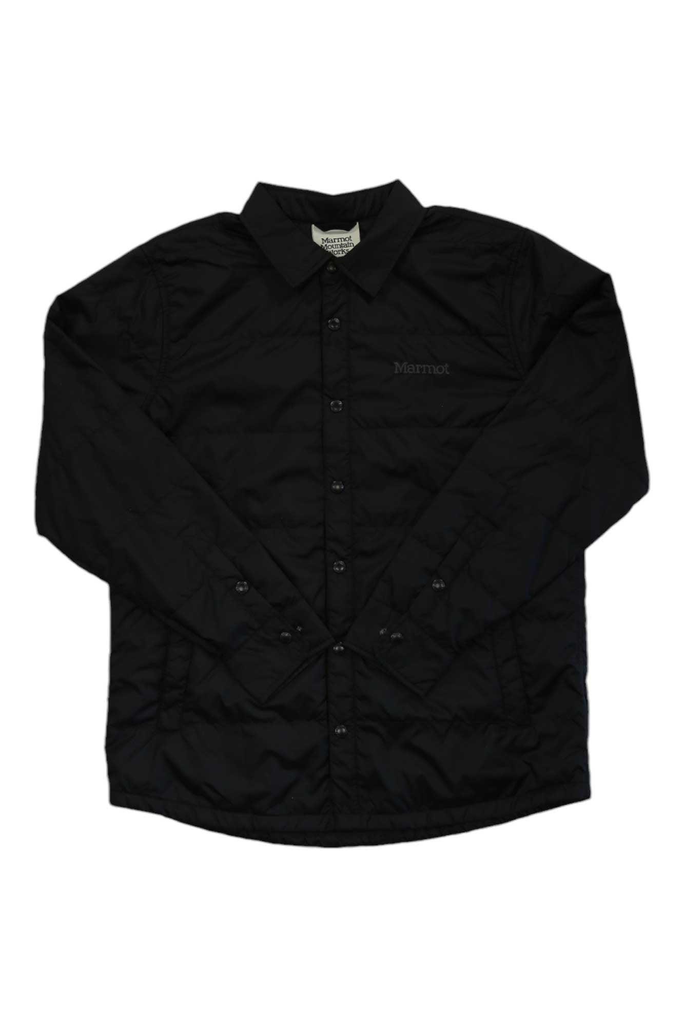 The Marmot Mens Rye Jacket is a long-sleeved, black collared shirt jacket with buttons, featuring the Marmot logo on the chest and a tag inside the neck. It is insulated and displayed flat on a white background.