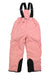 Therm Kids' Snowrider Overall in light pink features black adjustable shoulder straps, an elastic waistband, a side pocket, and reinforced black cuffs. This waterproof insulated bib is shown flat on a white background.