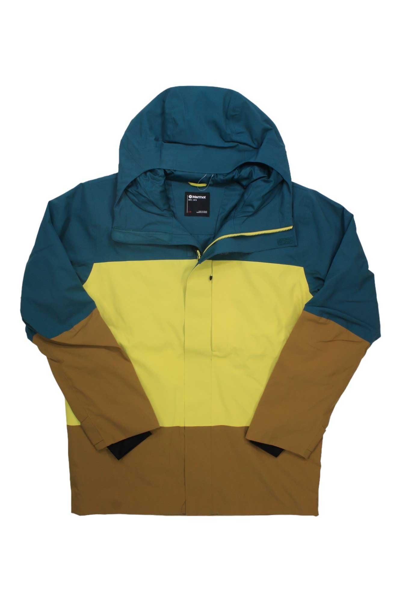 The Mens Elevation Jacket features color-blocked Marmot NanoPro Eco fabric with teal shoulders and hood, a yellow chest and midsection, and brown sleeves and lower body, displayed flat on a white background.
