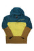 The Mens Elevation Jacket features color-blocked Marmot NanoPro Eco fabric with teal shoulders and hood, a yellow chest and midsection, and brown sleeves and lower body, displayed flat on a white background.