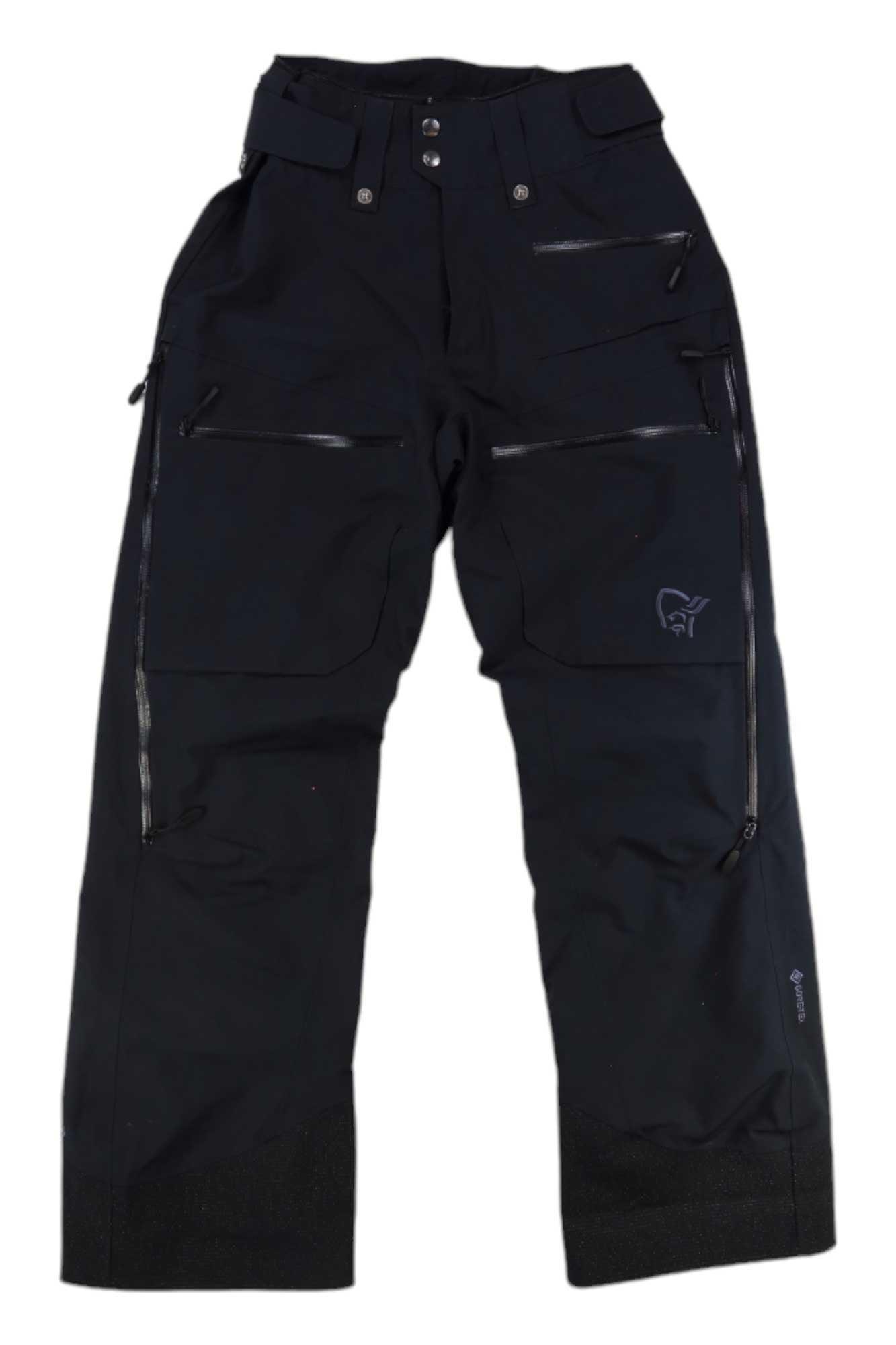 The Lofoten GORE-TEX Insulated Snow Pants are black freeride ski pants featuring multiple zippered pockets, reinforced knees and cuffs, a button waist closure, weather-resistant fabric, and a small logo on the left thigh.