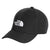 The North Face Kids' Classic Recycled 66 Hat is a black cap made from recycled polyester with white THE NORTH FACE logo on the front, visible stitching, and ventilation holes on each panel.