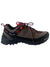 The Salewa Women's Wildfire Leather Shoe features a brown and black design with red accents and laces, a rugged sole, and the Salewa logo on the side—premium alpine footwear shown from the left.