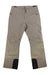 The Obermeyer Womens Bliss Pant is a pair of khaki ski pants featuring two front zipper pockets, black reinforced cuffs, and a double-button waistband, shown laid flat on a white background.