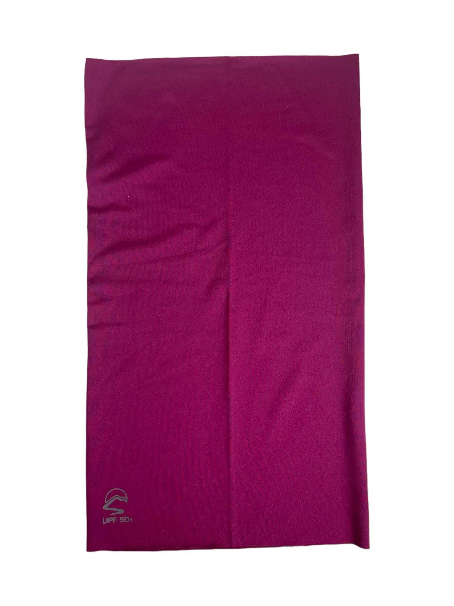A rectangular piece of magenta fabric lies flat, featuring the Sunday Afternoons Kid's UVShield Cool Gaiter with a small logo and UPF 50+ text in the bottom left—highlighting its stylish sun protection.