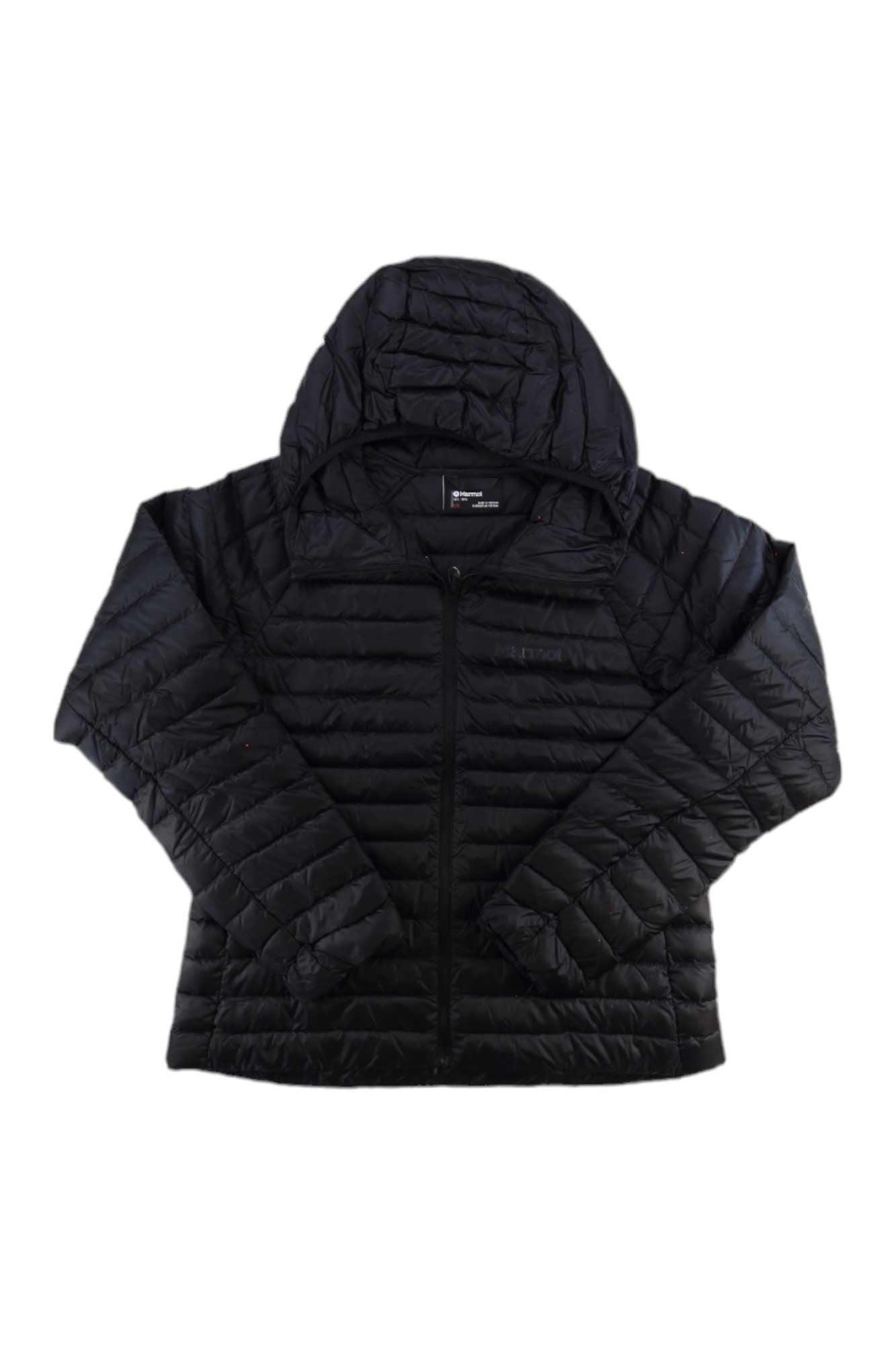 The Marmot Womens Hype Down Hoody is a black puffer jacket with horizontal stitching, 800 fill goose down insulation, front zipper closure, and long sleeves, displayed laid flat on a white background.