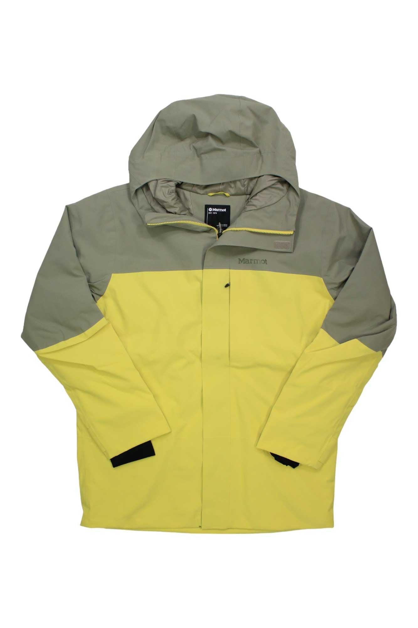 The Mens Elevation Jacket features a bright yellow body with olive-green top, hood, and shoulders. It’s waterproof, breathable, has long sleeves, a front zipper, and displays the Marmot logo on the chest.