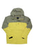The Mens Elevation Jacket features a bright yellow body with olive-green top, hood, and shoulders. It’s waterproof, breathable, has long sleeves, a front zipper, and displays the Marmot logo on the chest.