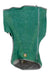 The Ruffwear Swamp Cooler Zip Vest is a green and gray fabric medical brace featuring moisture-wicking material, a vertical zipper, a subtle white pattern, and a small yellow tag near the bottom opening.