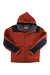 Fjallraven Mens Greenland No.1 Down Jacket in red with navy blue accents, snap buttons, and a brown upper sleeve patch. Durable G-1000 Eco fabric; men's hiking jacket shown flat on a white background.