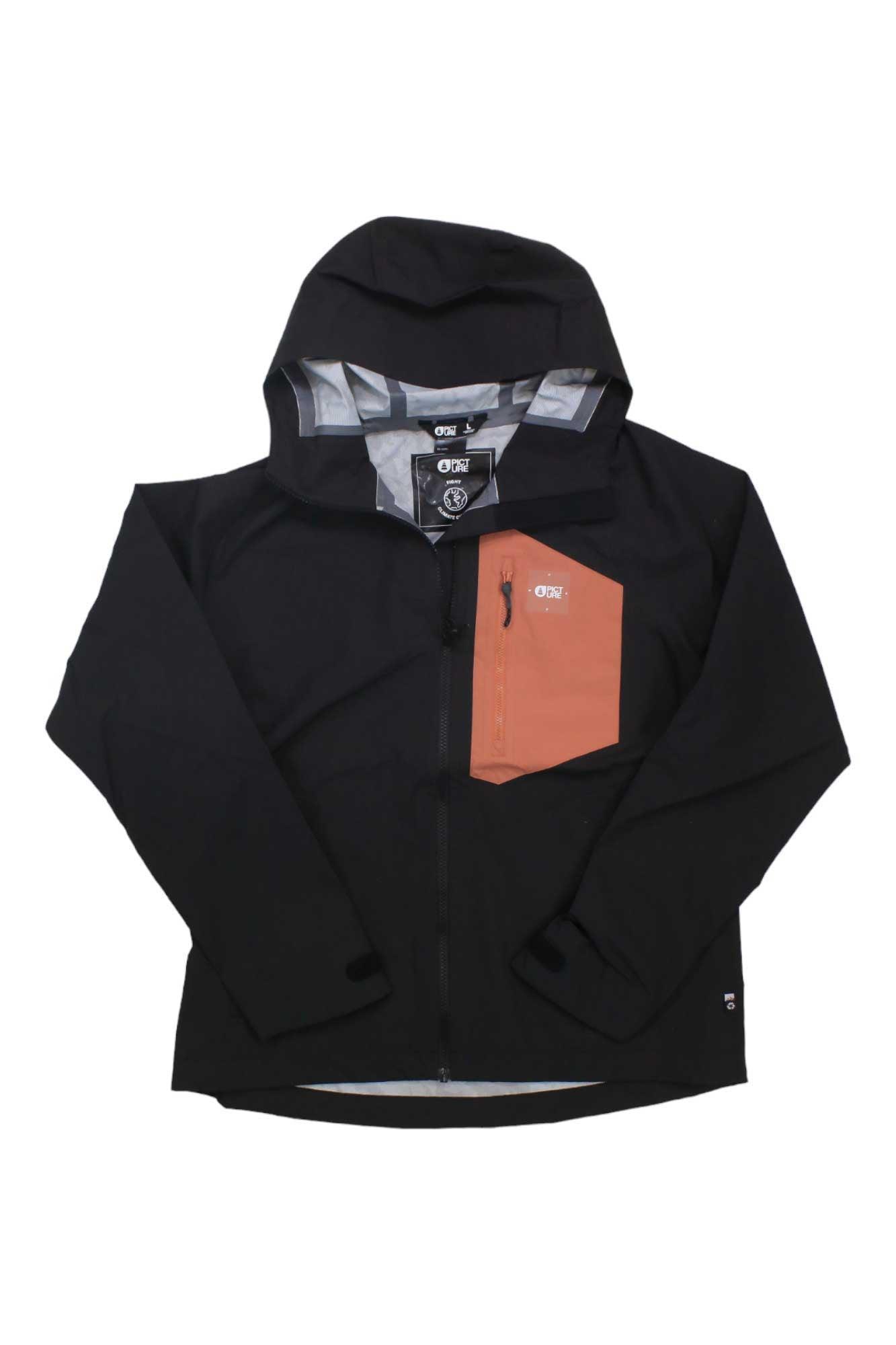 The Picture Women's Abstral Plus 2.5L Jacket is a black waterproof rain jacket made from recycled polyester, with a light brown left chest pocket, DRYPLAY laminate, zipper closure, visible inner lining, and logo on the pocket and collar.