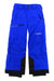 The Spyder Boys Propulsion Pant features bright blue, waterproof fabric with black reinforced cuffs, zipper details, multiple pockets, a Spyder logo on the right leg, belt loops, and an adjustable waist for comfort.