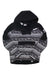 The Spyder Men's Founders Anorak Sweater is a black, water-resistant ski jacket with a hood, grey and white geometric pattern, sherpa fleece lining, and a large front pocket.