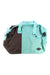 The Sherpani Women's Weekender Bag features a light turquoise right side and handles, a dark brown left side, a zippered main compartment, side pocket, and front logo patch—combining style and function for women on the go.