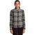 A woman faces forward, wearing The North Face Womens Berkeley LS Girlfriend Shirt—an organic cotton, black and white plaid long sleeve button-front shirt—with dark pants, against a plain white background.