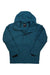 A teal blue Mens Elevation Jacket with a hood, front zipper, and long sleeves is displayed flat on a white background; this eco-friendly insulated jacket offers waterproof, breathable protection.