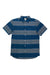 The North Face Men's Baytrail Yarn Dye Shirt is a short-sleeve, button-up collared shirt with horizontal blue and gray stripes and a chest pocket—perfect for casual travel wear.