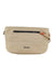 The Sherpani Women's Paige Crossbody Bag features a beige woven design, a black front zipper pocket, tan shoulder strap, and a logo at the bottom center—ideal for carrying essentials while traveling.