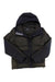 The Cotopaxi Men's Solazo Down Parka in dark green and navy features front pockets, long sleeves, and a zipper with a snap-button flap, shown laid flat on a white background.