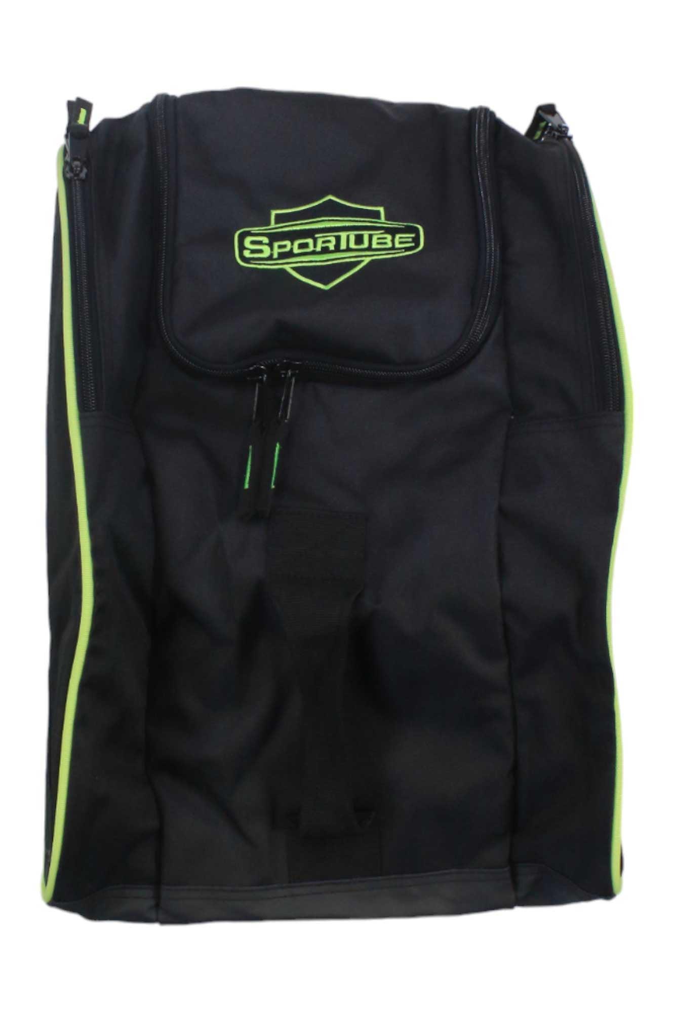 The Sportube Juniors' Freestyler Boot Bag in black with neon green trim features a front zippered pocket and top handle—ideal for organizing kids' snowboard gear on the go.