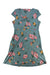 The Toad & Co Women's Rosemarie Dress is a short-sleeve, knee-length teal travel dress with a V-neckline and a floral print of pink and yellow flowers with green leaves, shown eco-friendly and laid flat on a white background.