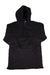 Women’s black french terry hoodie dress with drawstring hood and pouch pockets