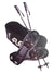 The Tubbs Men's Flex STP Kit features a pair of men's snowshoes with traction rails standing upright, and two adjustable snowshoe poles arranged above them with handles crossed neatly.