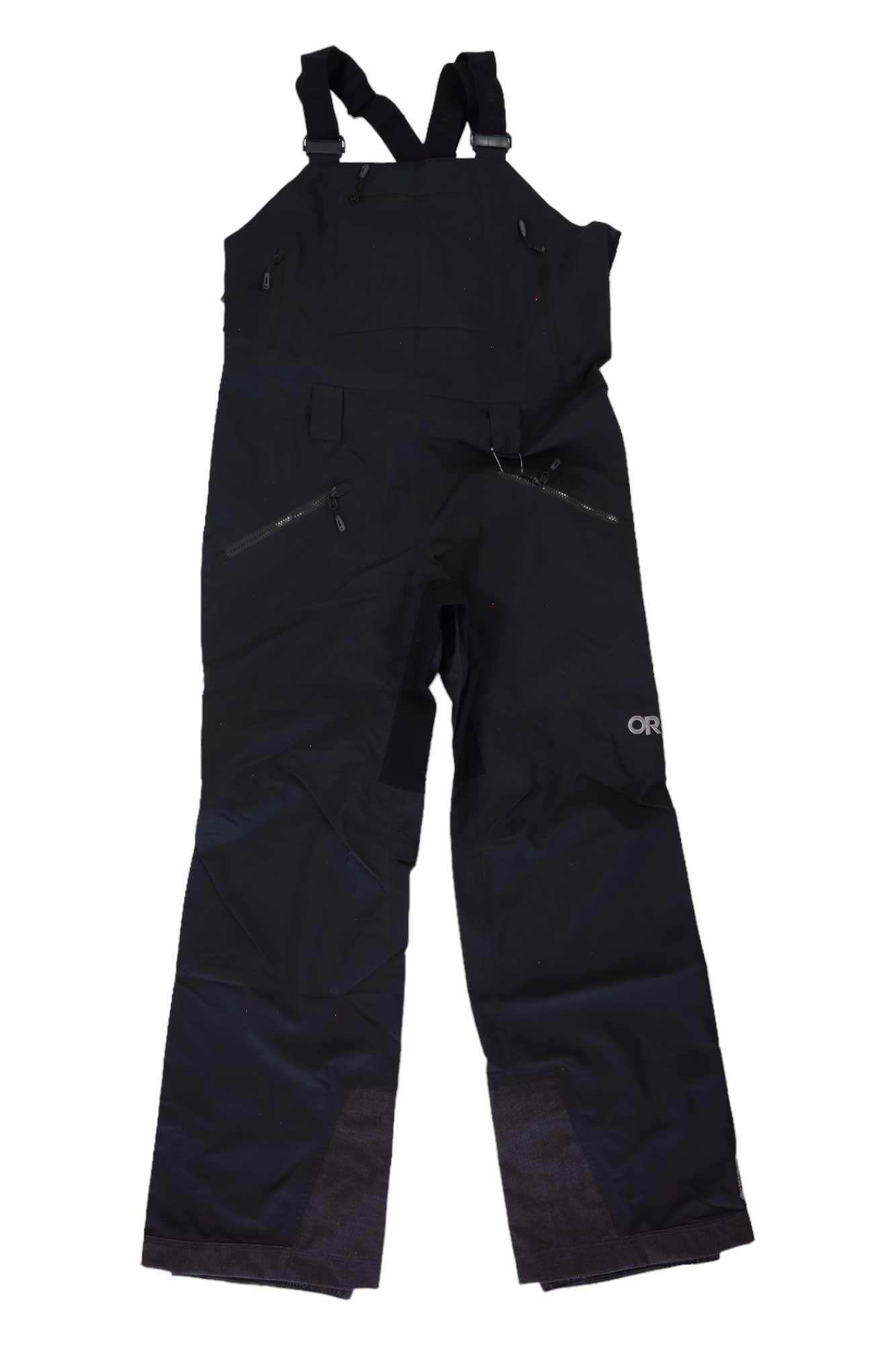 The Outdoor Research Women's Hemispheres II Bib Pant is a black ski bib with adjustable straps, multiple zip pockets, GORE-TEX waterproof fabric, reinforced ankles, and an OR logo on the right thigh.