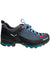 The Salewa Women's MTN Trainer 2 GTX Shoe is shown from the side on a white background in blue and black with light blue laces, red accents, and a rugged Vibram outsole.