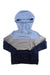 The Tentree Womens Treefleece Blocked Banshee Hoodie features color-blocking with a light blue hood and top, gray midsection, and dark blue bottom. Made from organic cotton, it has a front pocket and drawstrings for comfort.