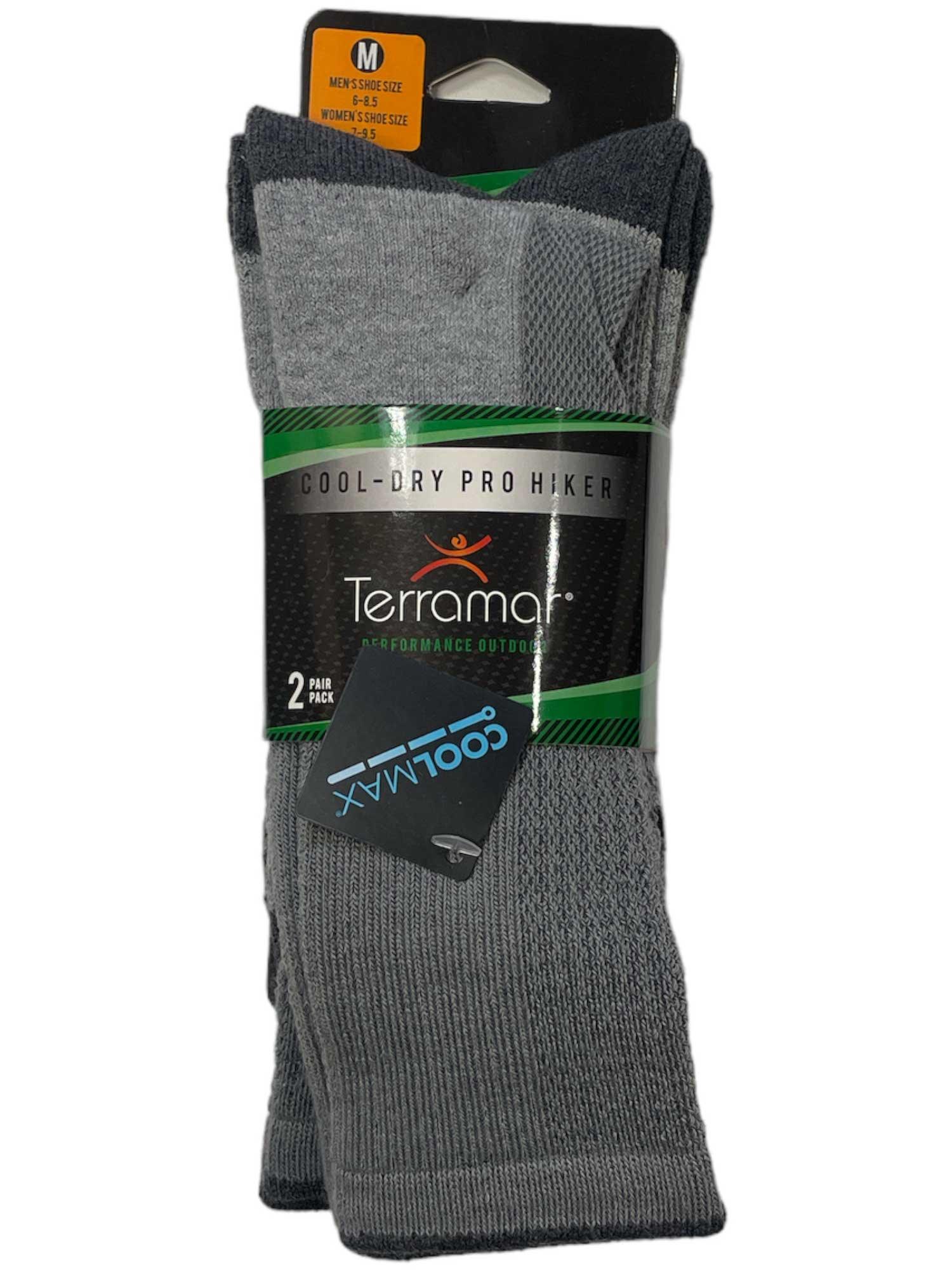 Terramar Cool-Dry Pro Hiker Sock 2 Pack, men's size medium, includes two gray pairs with breathable mesh panels and cushioned soles, shown in retail packaging.