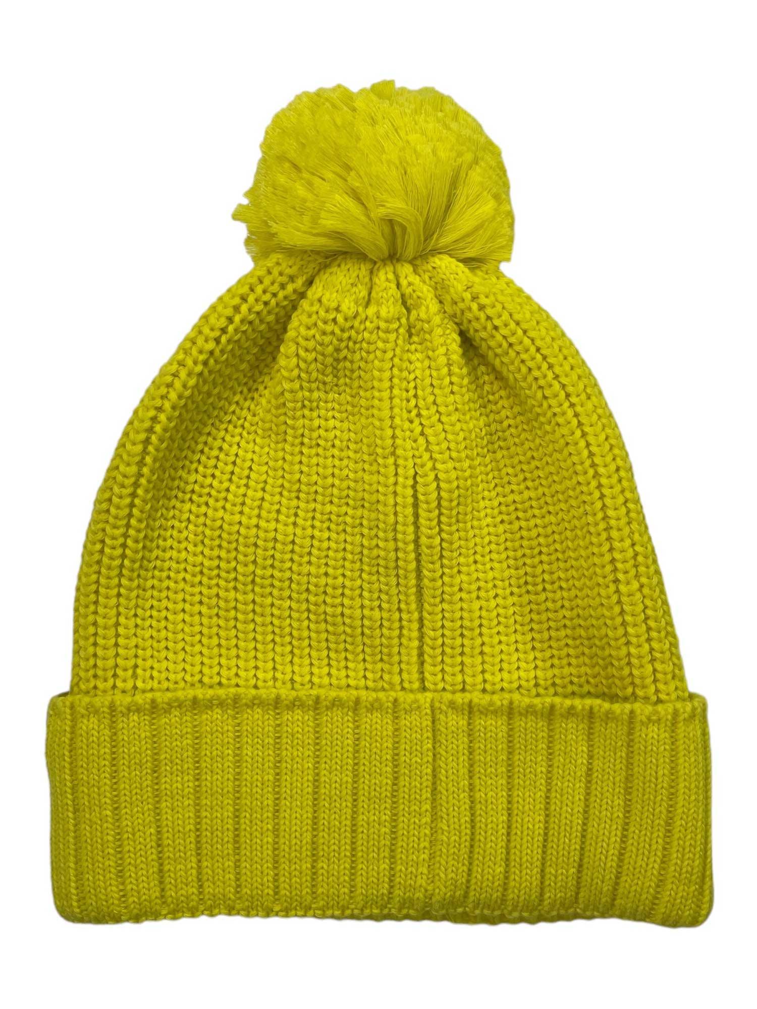 The Women's Snoasis Pom-Pom Beanie is a bright yellow winter hat with a folded brim and large pom-pom, crafted from recycled polyester for cozy, eco-friendly style.