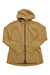 A tan Indygena Womens Isla Jacket with a YKK Aquaguard zipper, long sleeves, hood, and slightly extended back hem is laid flat on a white background.