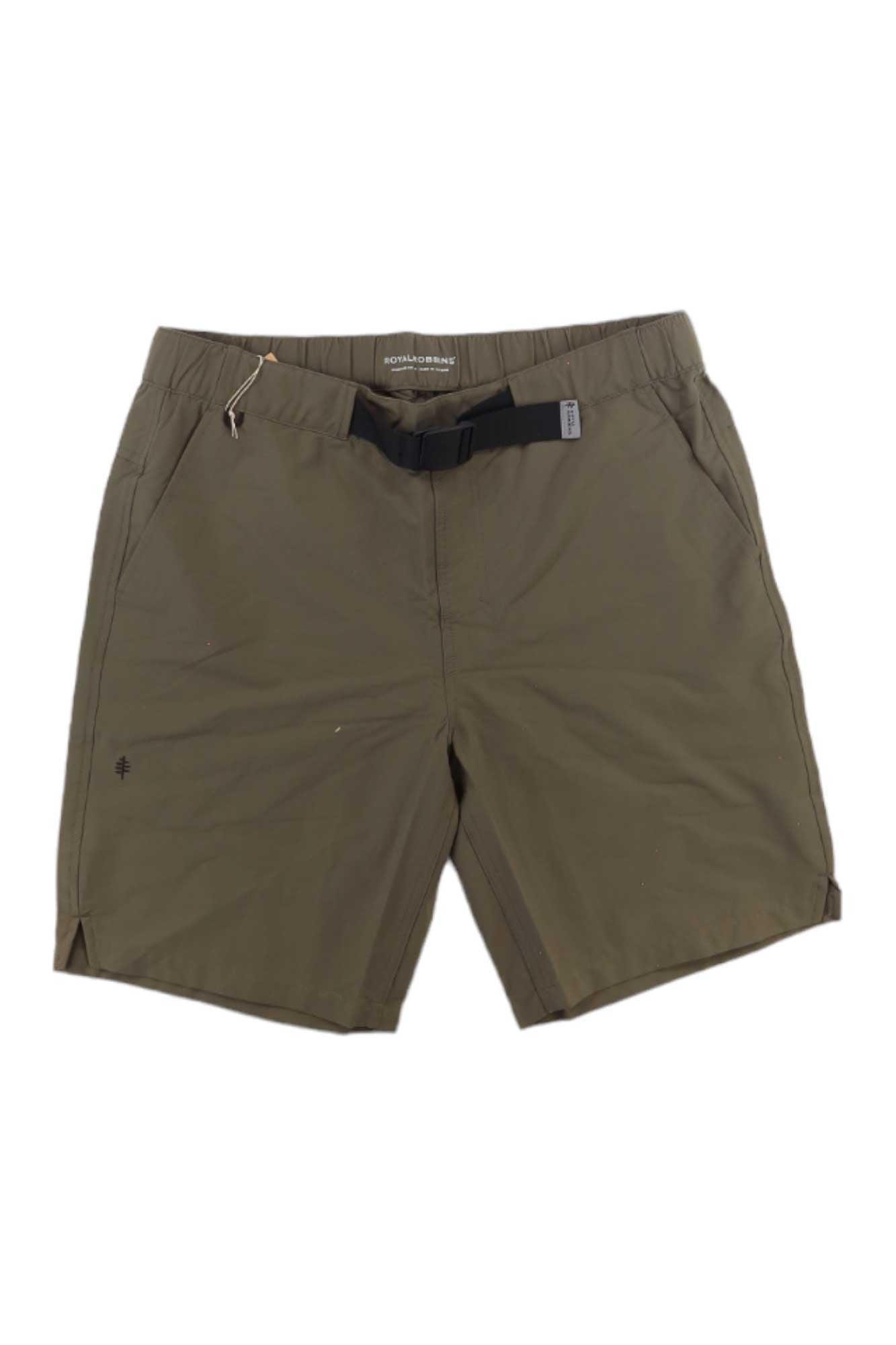 The Royal Robbins Men's Backcountry Pro Multi Short in olive green features lightweight nylon, an elastic waistband with an adjustable black buckle belt, front pockets, and UPF 50+ sun protection, shown against a white background.