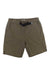 The Royal Robbins Men's Backcountry Pro Multi Short in olive green features lightweight nylon, an elastic waistband with an adjustable black buckle belt, front pockets, and UPF 50+ sun protection, shown against a white background.