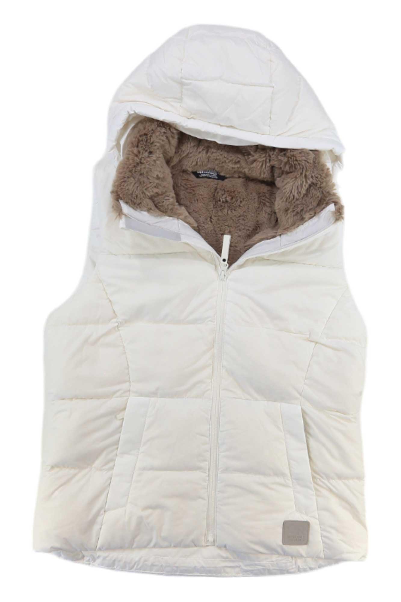The Outdoor Research Women's Coldfront Hooded Down II Vest is a sleeveless, white, water-resistant vest with a front zipper, soft brown faux fur lining, two front pockets, and a small rectangular patch near the hem.