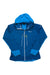 The Salewa Women's Agner Engineered DST Jacket is a blue softshell with light blue sleeves and hood, gray zippers, two front zip pockets, and small white logos on the chest and left sleeve—perfect for alpine climbing.