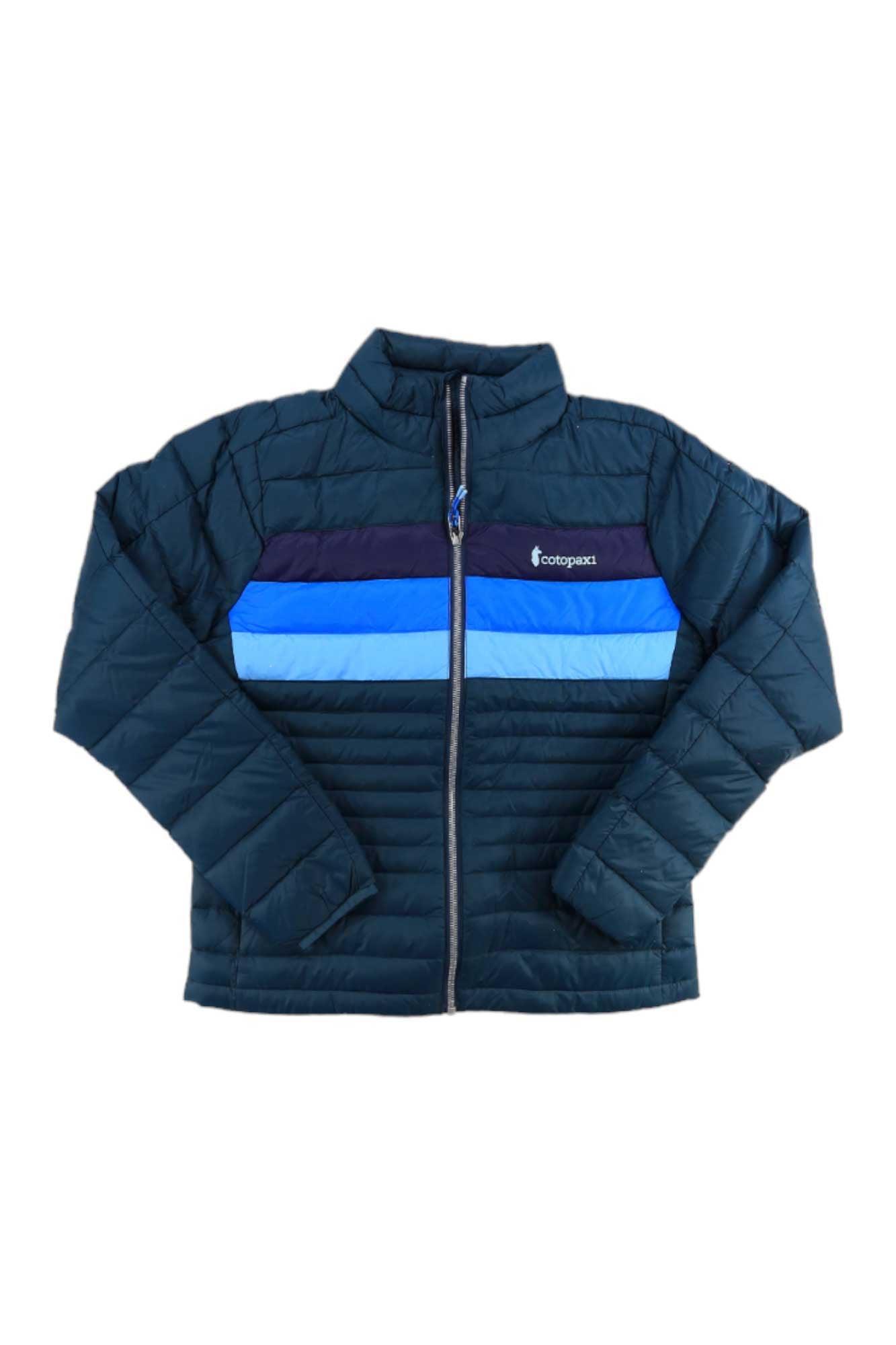 The Fuego Down Jacket is a dark blue packable insulated jacket with horizontal light blue and navy chest stripes, front zipper, and small Cootspot logo on the left—ideal as a hiking jacket for extra warmth.