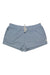 Vuori Women's Halo Performance Short in light blue, featuring an elastic waistband, white drawstring, and side pockets. Made from moisture-wicking recycled materials. Shown laid flat on a white background.