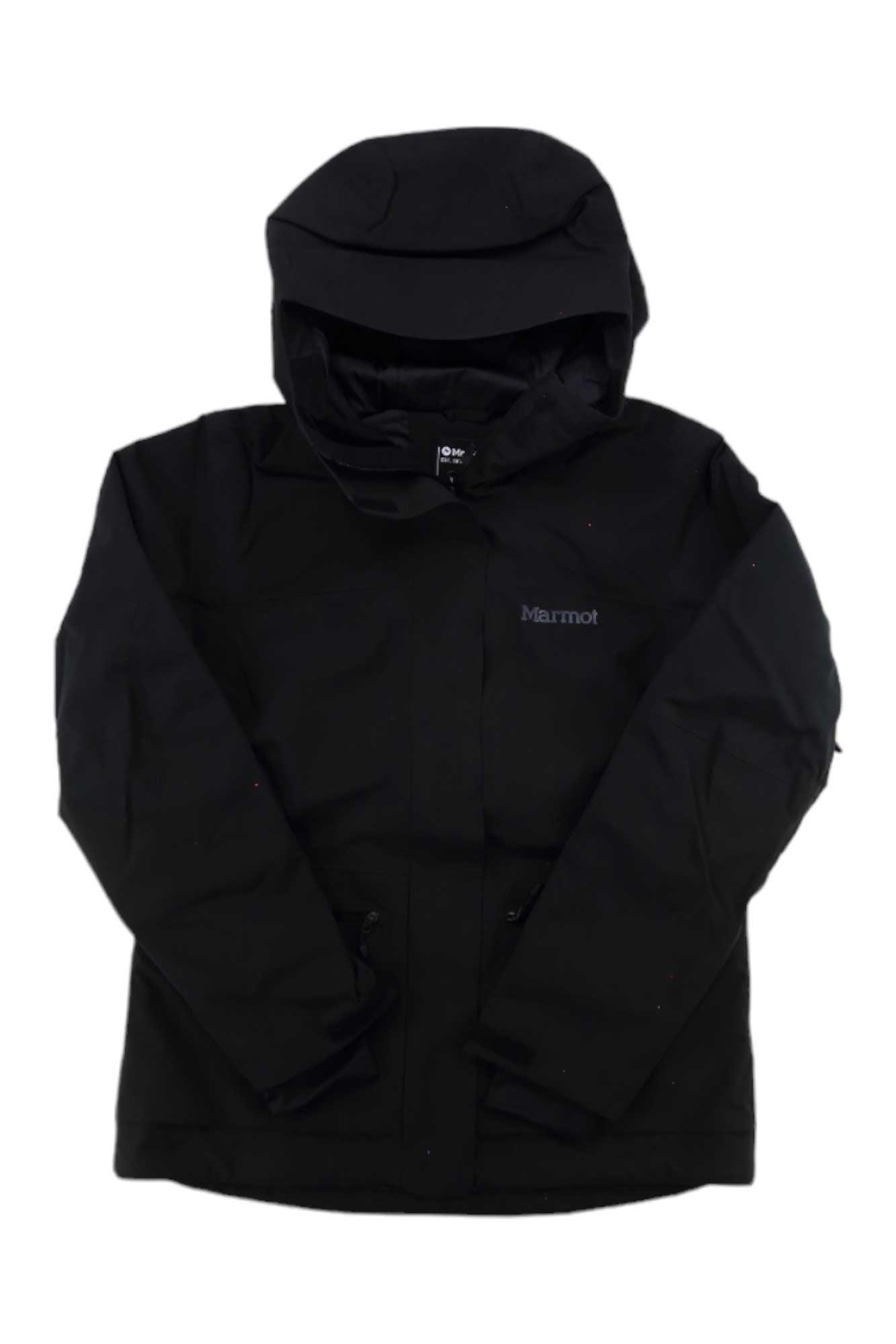 The Womens Refuge Jacket in black is shown on a white background with a hood, long sleeves, front zipper, and subtle chest logo—an eco-friendly outdoor jacket designed for any adventure.