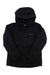 The Womens Refuge Jacket in black is shown on a white background with a hood, long sleeves, front zipper, and subtle chest logo—an eco-friendly outdoor jacket designed for any adventure.