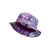 The North Face Kids' Class V Brimmer Hat features a vibrant marble pattern in purple, blue, pink, and white. Made from recycled polyester with UPF 40+ protection, it includes a small black label with a white logo on the side.