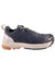 The Vasque Women's Satoru Trail LT Low Shoe is a black and gray trail shoe featuring a textured mesh upper, white midsole, tan outsole with Vibram traction and yellow logo, plus a brown heel loop for style and function.