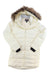 The Outdoor Research Women's Coze Faux Fur Parka is a long off-white down jacket with a zip front, black inner cuffs, and a brown faux fur-trimmed hood. Shown laid flat with crossed sleeves for a cozy look; made from recycled nylon.