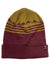 The Outdoor Research Kick Turn Beanie features a knitted Primaloft build, folded brim, mustard yellow top with a maroon mountain pattern, and transitions to solid maroon at the bottom with a stylish small black tag—ideal for skiing.