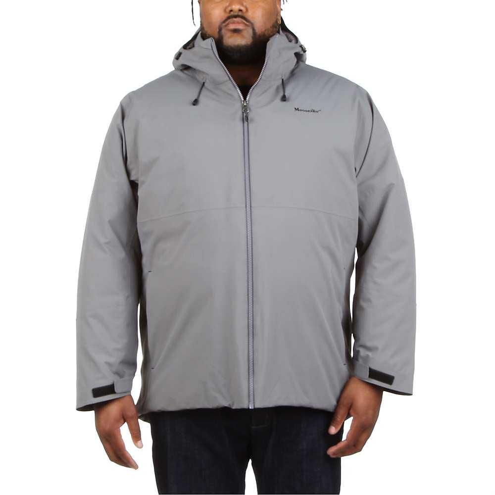 A person in a Moosejaw Mens Hooded Insulated Jacket made from recycled polyester, with a front zipper and black cuff accents, stands against a plain white background.